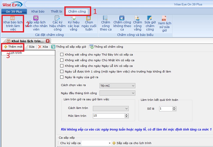 Màn hình khai báo lịch trình làm việc