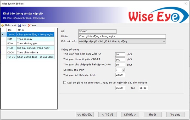 Thông số sắp xếp giờ
